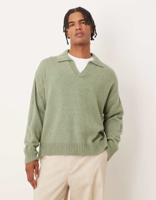 ASOS DESIGN - Polo squadrata super oversize in maglia verde salvia mélange con scollo a intaglio	