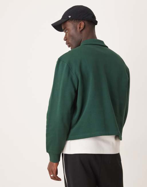 ASOS DESIGN - Polo squadrata verde con righe a contrasto sui bordi e ricamo sul petto, 4 di 4
