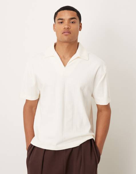 ASOS DESIGN - Polo squadrata vestibilità comoda color panna testurizzata a coste con colletto a rever - view 1