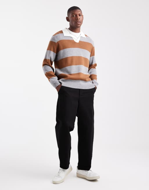 ASOS DESIGN - Polo stile rugby in maglia a maniche lunghe color cuoio e grigia a righe, 2 di 5