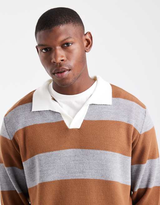 ASOS DESIGN - Polo stile rugby in maglia a maniche lunghe color cuoio e grigia a righe, 5 di 5