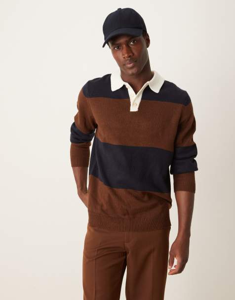 ASOS DESIGN - Polo stile rugby in maglia a righe marrone e blu navy a coste - view 1