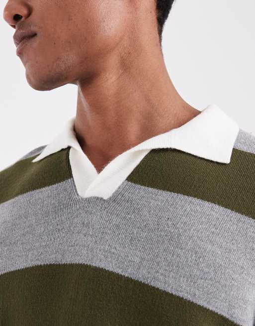 ASOS DESIGN - Polo style rugby en maille à rayures avec manches longues - Gris et kaki, 5 de 5