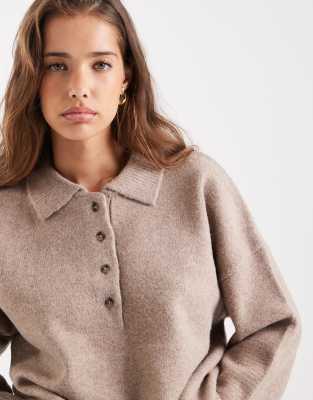 ASOS DESIGN - Polo style rugby en maille compacte - Champignon-Neutre