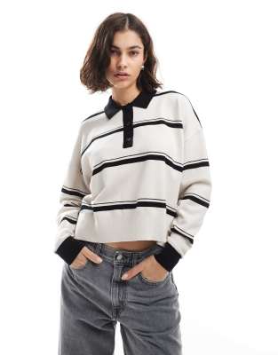 ASOS DESIGN - Polo style rugby en maille structurée à rayures-Neutre