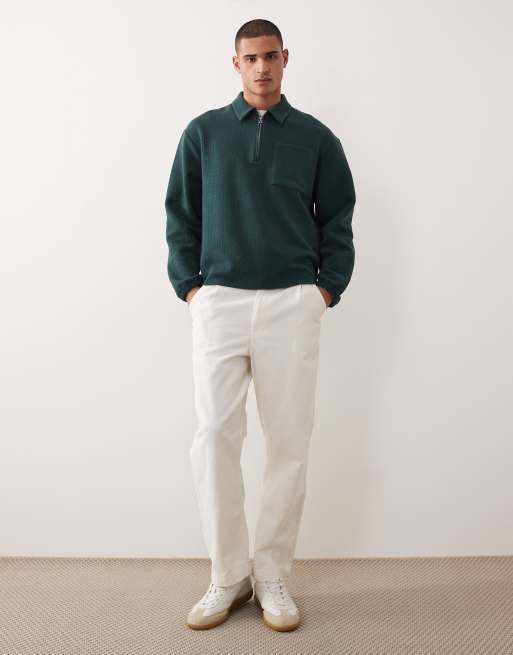 ASOS DESIGN – Polo-Sweatshirt in Dunkelgrün mit Bubble-Struktur, kurzem Reißverschluss und Oversize-Schnitt, 2 von 5