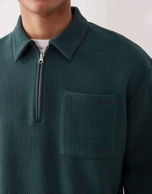 ASOS DESIGN – Polo-Sweatshirt in Dunkelgrün mit Bubble-Struktur, kurzem Reißverschluss und Oversize-Schnitt, 5 von 5