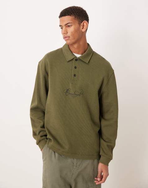 ASOS DESIGN polo sweatshirt in rib fabric with text print and woven label in khaki - view 1