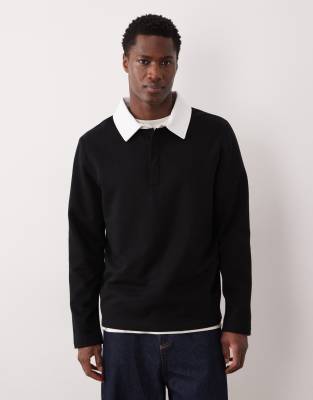 Polo-Sweatshirt in Schwarz mit farblich abgesetztem Kragen Schwarz XS