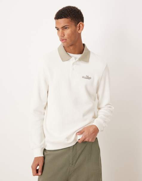 ASOS DESIGN – Polo-Sweatshirt in Wollweiß mit kontrastierendem Kragen und Stickerei auf der Brust - view 1