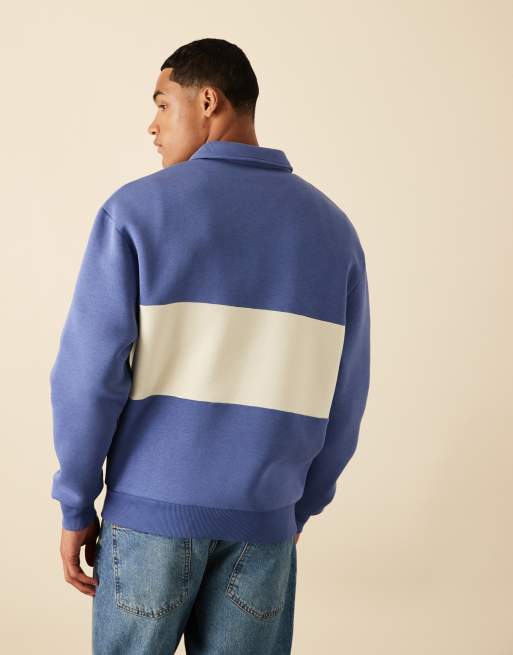 ASOS DESIGN - Polo sweatshirt met contrasterend paneel en print in blauw, 3 van 5
