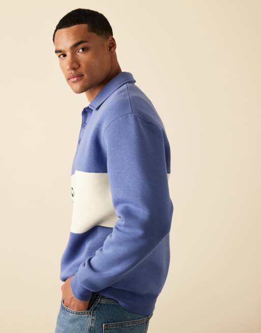 ASOS DESIGN - Polo sweatshirt met contrasterend paneel en print in blauw, 4 van 5