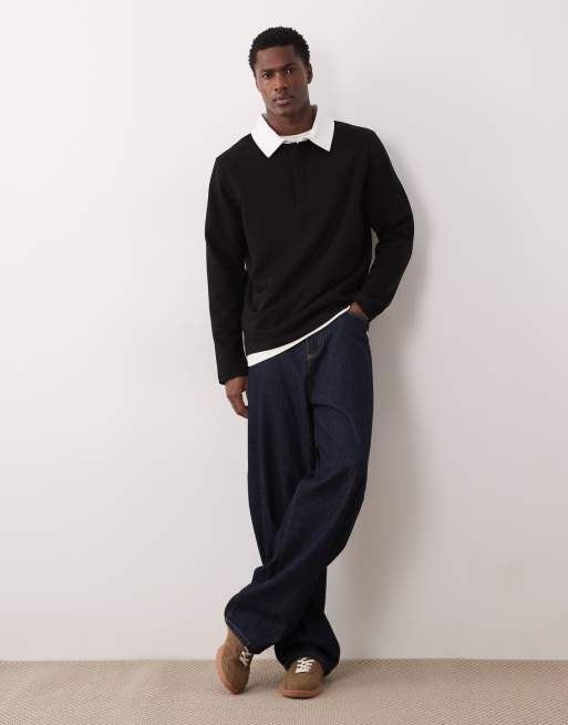 ASOS DESIGN - Polo sweatshirt met contrasterende kraag in zwart , 2 van 5