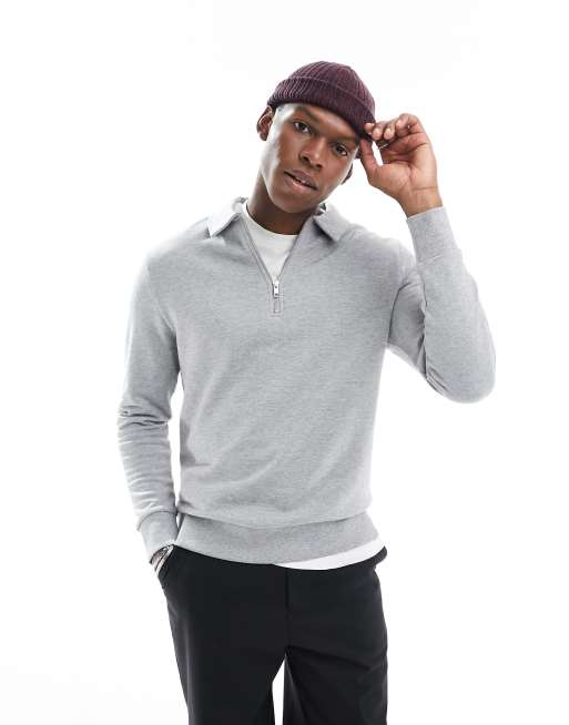 ASOS DESIGN - Polo sweatshirt met ritssluiting in grijs gemêleerd