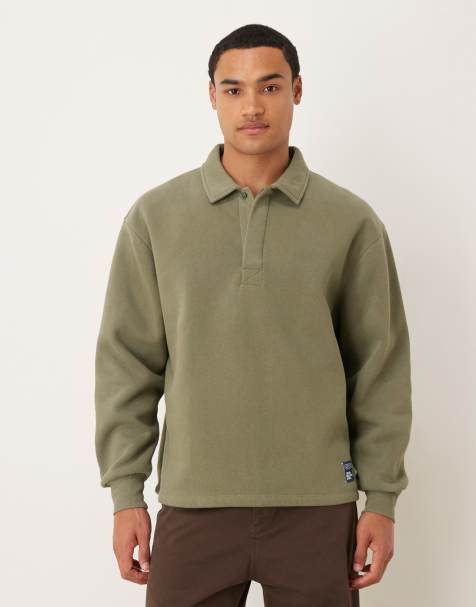 ASOS DESIGN – Polo-Sweatshirt mit lockerer Passform in Khaki mit Logoaufnäher aus Webstoff - view 1