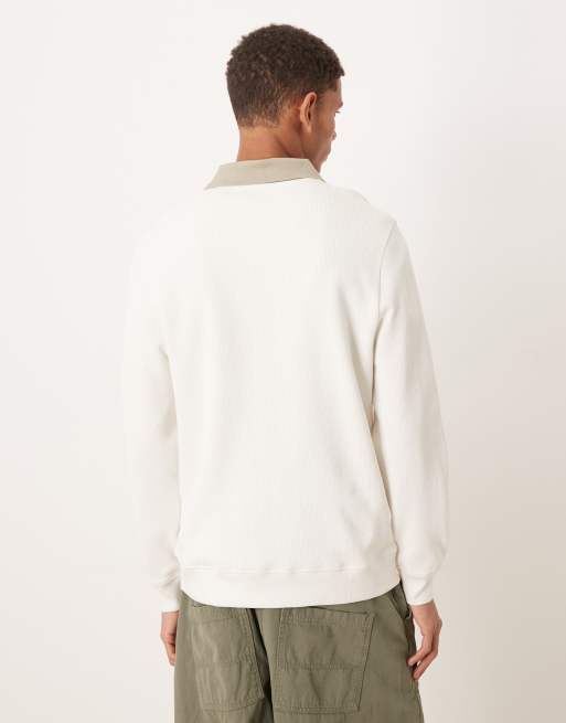ASOS DESIGN polo sweatshirt with contrast collar and chest embroidery in off white, 3 of 5