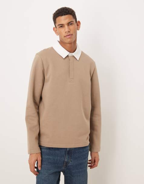 ASOS DESIGN polo sweatshirt with contrast collar in beige - view 1