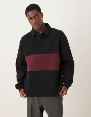 Asos Design Polo Sweatshirt With Contrast Panels In Black