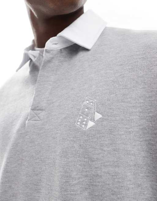 ASOS DESIGN polo sweatshirt with contrast white collar and chest print in grey marl, 3 of 4