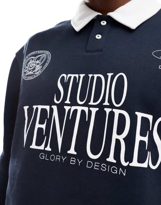 ASOS DESIGN polo sweatshirt with print in navy, 2 of 4