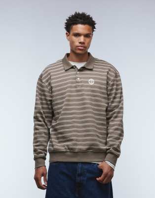 Asos Design Polo Sweatshirt With Printed Stripe In Brown