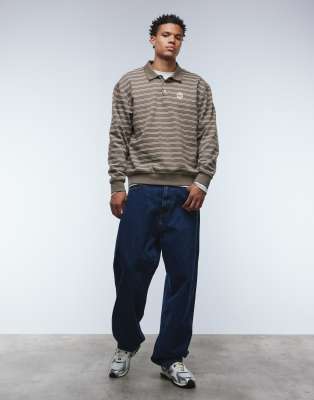 Asos Design Polo Sweatshirt With Printed Stripe In Brown