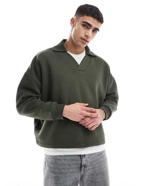 ASOS DESIGN polo sweatshirt with ribbed collar in green - view 1