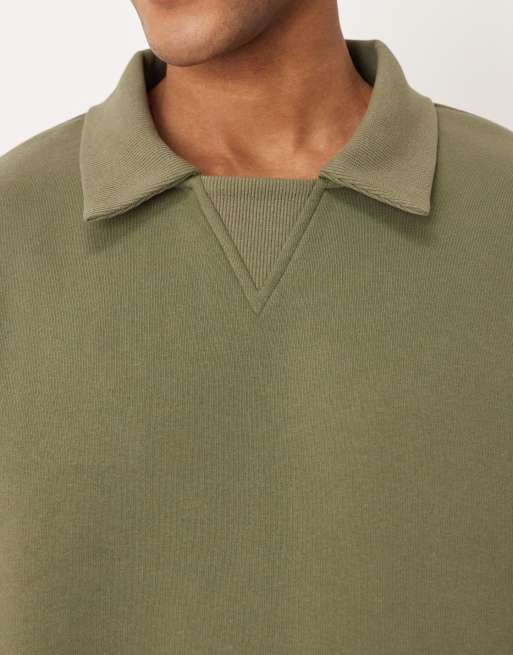ASOS DESIGN polo sweatshirt with ribbed collar in green | ASOS