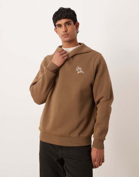 ASOS DESIGN polo sweatshirt with text print in brown - view 1