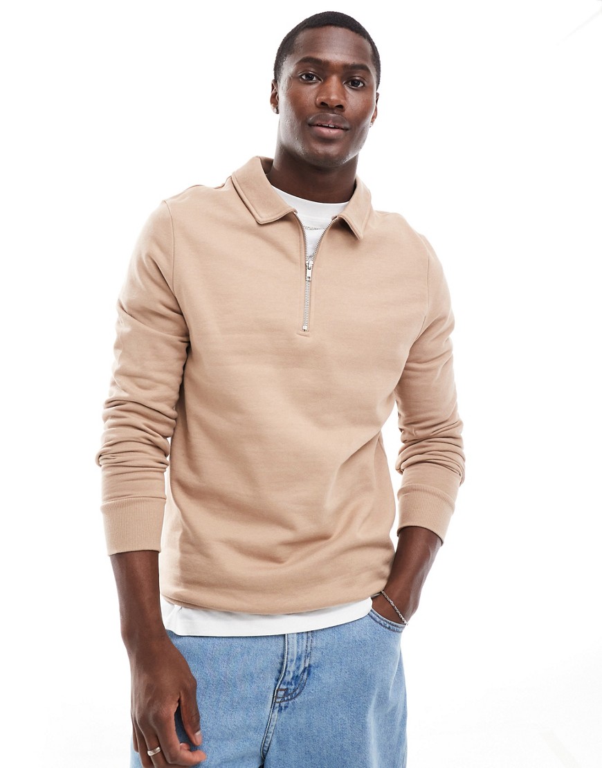 Asos Design Polo Sweatshirt With Zip In Beige-neutral