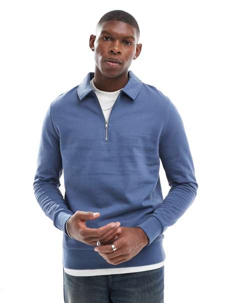 ASOS DESIGN polo sweatshirt with zip in blue - view 1