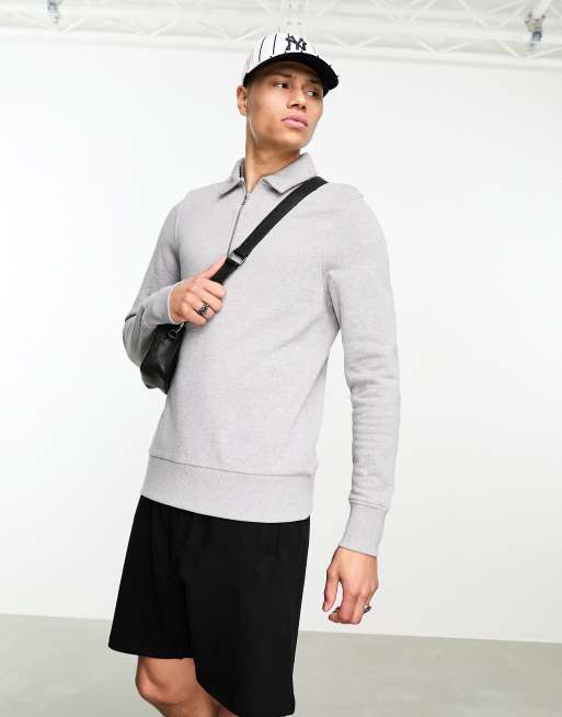 ASOS DESIGN polo sweatshirt with zip in gray heather