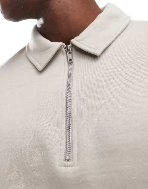 ASOS DESIGN polo sweatshirt with zip in stone | ASOS