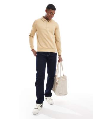 Asos Design Polo Sweatshirt With Zip In Taupe-neutral