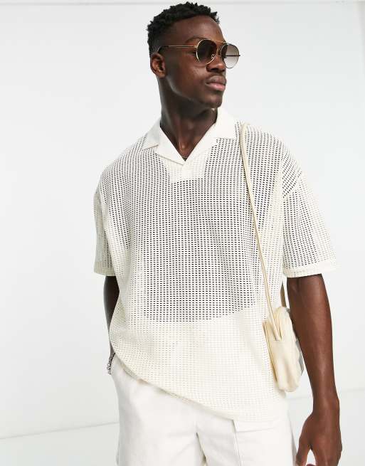ASOS DESIGN – Polo-T-Shirt aus Netzstoff in Beige mit Oversize-Passform, Lochmuster und Reverskragen 