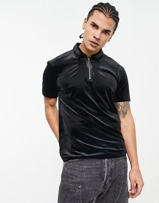 ASOS DESIGN polo t-shirt in black velour  - ASOS Price Checker