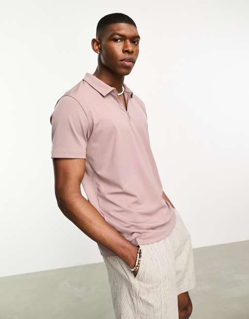 ASOS DESIGN polo t shirt in brown scuba with zip