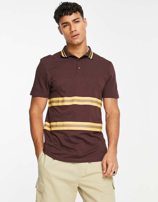 ASOS DESIGN polo t-shirt in brown with yellow colour block stripes | ASOS