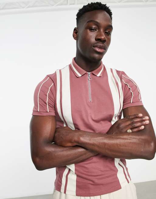 ASOS DESIGN polo t-shirt in burgundy color block with retro collar 