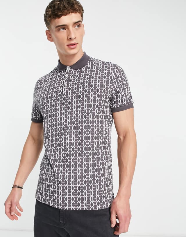 ASOS DESIGN polo t-shirt in geo print fabric in gray