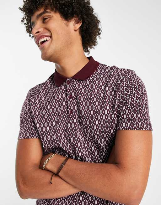 ASOS DESIGN polo t-shirt in geometric texture in burgundy