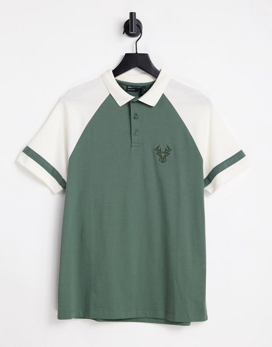 ASOS DESIGN polo t-shirt in khaki with stag embroidery-Green
