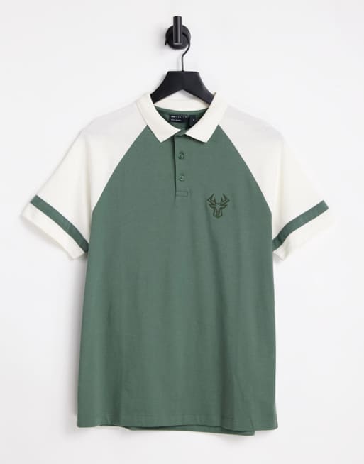 ASOS DESIGN polo t-shirt in khaki with stag embroidery 