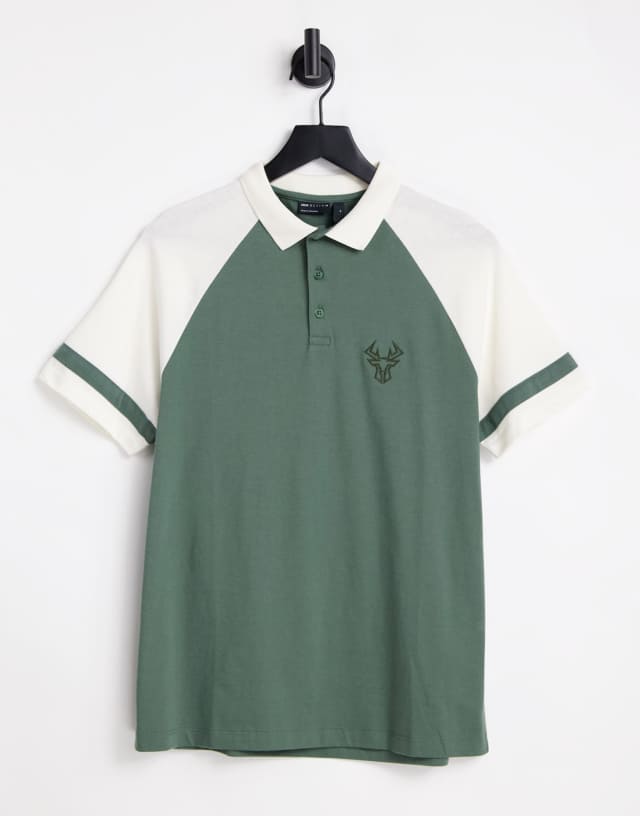 ASOS DESIGN polo t-shirt in khaki with stag embroidery