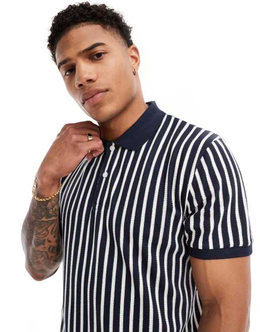 ASOS DESIGN Polo T Shirt in Marineblau und WeiB gestreift ASOS