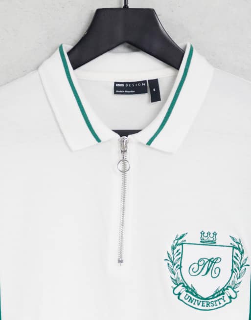 White polo shirt shop with green collar