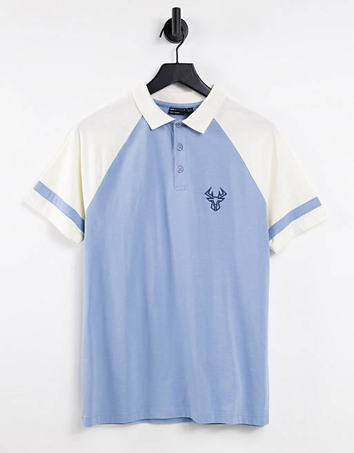 Polo shirts polo t-shirt with raglan sleeve in blue with stag print 