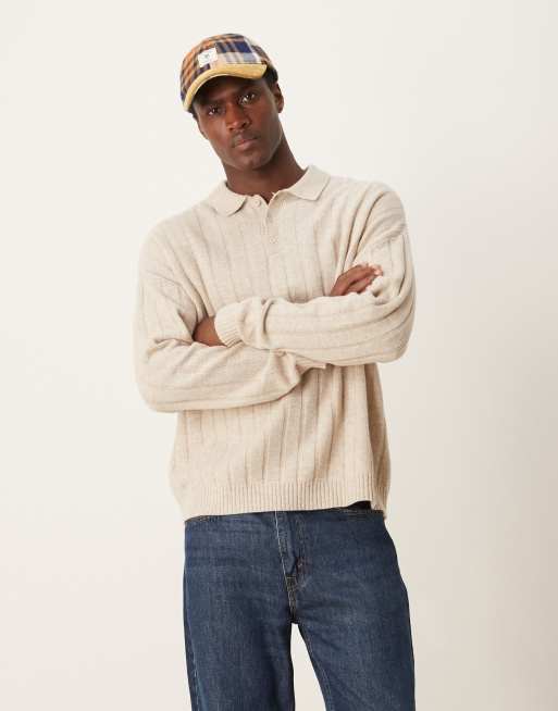 ASOS DESIGN - Polo taglio comodo lavorata in lana di agnello color avena a coste larghe