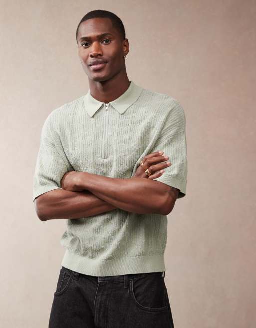 ASOS DESIGN - Polo texturé coupe carrée décontractée à col zippé - Vert sauge