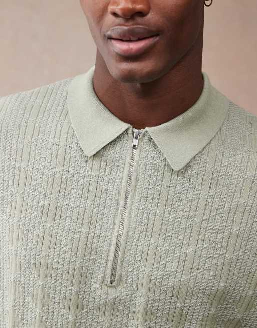 ASOS DESIGN - Polo texturé coupe décontractée en maille avec col zippé - Vert sauge, 2 de 4